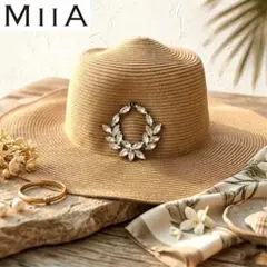 【新品】MIIA 麦わら帽子 ストローハット ビジュー付き サイズ調整可 女優帽