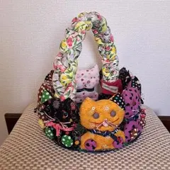 猫型バスケット　パッチワークキルト　猫グッズ　猫雑貨　パッチワーク作品　猫バックのサムネイル