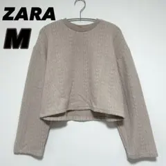 ZARAザラMサイズニットクルーネック長袖ベージュクロップド丈セーターショート