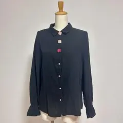 長袖ブラウス 黒 スクエアボタン カラフルボタン　コットンブラウス　綿　春夏