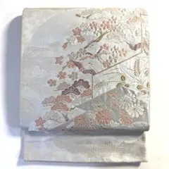 5k2781 袋帯　絹　唐織　鶴　白　銀色　金色　ピンク　紫　花柄　和装　着物