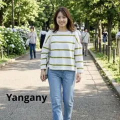 Yangany ボーダー長袖カットソー ホワイト/グリーン A1019のサムネイル
