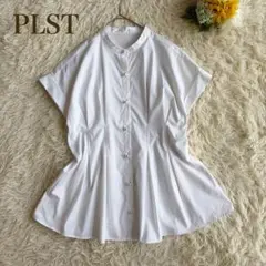 PLST パールボタンペプラムブラウス フレンチスリーブ バンドカラー S