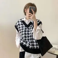 今季トレンド 大人気！千鳥格子柄ニットベスト 着回し抜群 セーター 重ね着 韓国