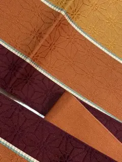 20149◆半幅帯◆中古◆正絹◆麻の葉◆縞柄◆黄色◆オレンジ◆赤紫◆リバーシブル