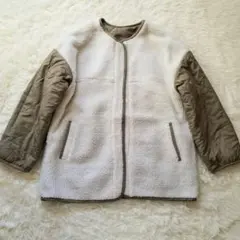 イング ノーカラーキルト ボア リバーシブル オーバーコート カーキ 白 M