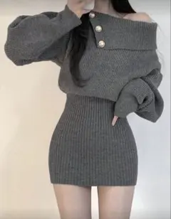 shein グレー ワンショル ニットワンピース