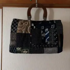 革と古布のパッチワークバッグ（ネイビーの革＋着物生地）01016-146