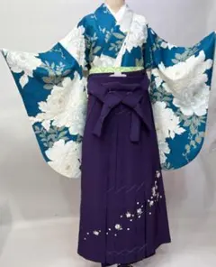 二尺袖着物・袴・袴下帯・半衿 4点セット ドット 紺色 卒業式 謝恩会 