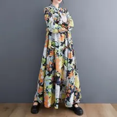 くるみ様　個性派　総柄　花柄　マキシ丈ワンピース　ティアード　ボタニカル