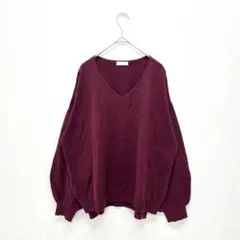 アース トップス ニット セーター Vネック バルーン袖 レッド フリー 秋冬