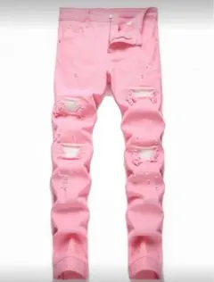 ピンク ダメージ加工 スキニージーンズ