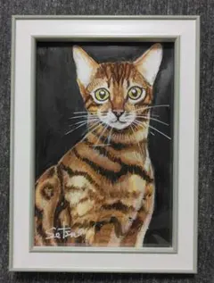 1000円→880円 ベンガル猫 手描きアクリル画 原画一点物（フレーム付き）