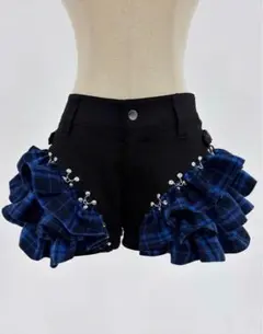 新品未開封 DustDevilダストデビルチェックフリルパンツ ブルー Sサイズ