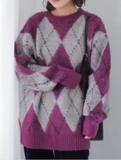 アーガイル柄プルオーバー　パープル　オーバーサイズ ニットセーター 紫