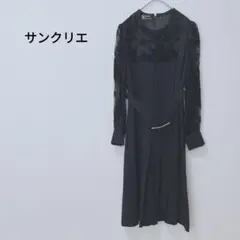 サンクリエ　ワンピース　ドッキング　シアー　プリーツ　ウエストベルト　薄手