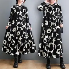 大きいサイズ レディース ロングワンピース 黒 花柄 シャツワンピース スタンド