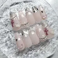 ワンホン韓国フレンチガーリーちゅるんスナ系ネイルチップ量産型クロムピンクネイル