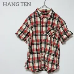 ハンテン　HANG TEN チェックシャツ　半袖　M 赤　ロゴ　刺繍　カジュアル