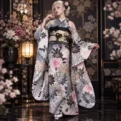 成人式 振り袖フルセットモノトーン 三角柄 振袖 着物 レトロモダン