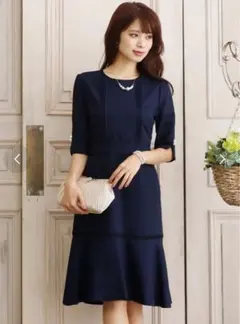 PourVous（プールヴー）ワンピース フォーマル 結婚式 ネイビー L