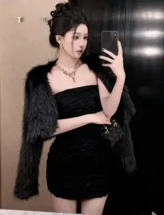 SHEIN ワンホン韓国ミニ丈ブラックフェイクファー
