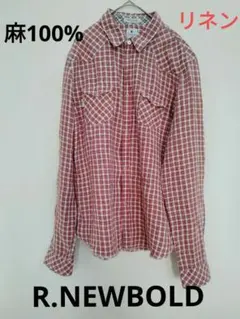 美品 R.NEWBOLD 麻100% メンズ 長袖 チェック シャツ サイズM