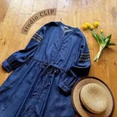 スタディオクリップ＊袖刺繍 デニムワンピース ネイビー 綿100%