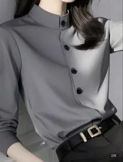 スタンドカラー ブラウス グレー M 長袖 きれいめ オフィス 上品