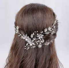 【シルバー】入学 花と葉のエレガント髪飾り 自由に形を変えられます ヘッドドレス