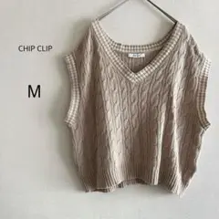【CHIP CLIP】 ニットベスト Vネック ケーブル編み ベージュ系 M