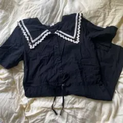 ビック襟 オールインワン 襟 ブラック フリル襟 短パン デザイン襟