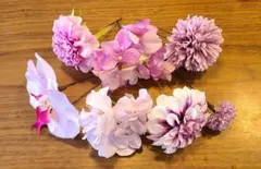 髪飾り　ヘッドドレス　ピンク　パープル　アーティシャルフラワー　造花　7本セット