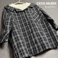 セシルマクビー ネイビー系 チェック 五分袖 カジュアルシャツ フリー