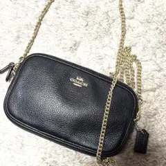 COACH ブラックレザー ショルダーバッグ カメラバッグ 金チェーンショルダー