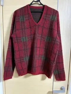 ヴィンテージ チェック柄 Vネック モヘア混 ニット セーター