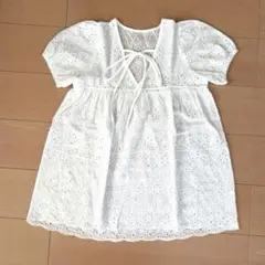 SHEIN アイレット刺繍 レース ブラウス チュニック パフスリーブ 白 S