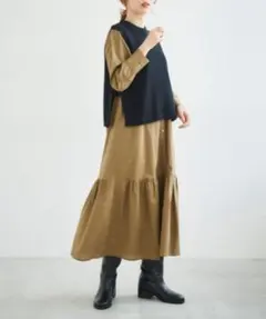 【新品】ルクールブラン　カーキグリーン長袖シャツワンピース＆黒ニットベスト