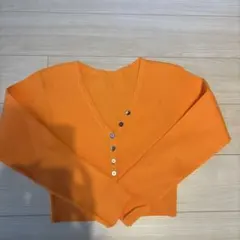 オレンジ リブ編み Vネック カーディガン