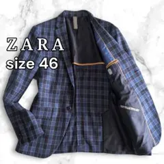 美品 ZARA ブロックチェック テーラードジャケット 46 ブルー ネイビー