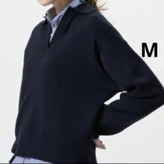 美品 ユニクロ　スムースコットンリラックスポロセーター　M ネイビー