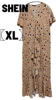 SHEIN 半袖ロングシャツワンピース 〖XL〗 ブラウン レオパード柄 マキシ