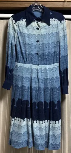 ヴィンテージ　昭和レトロ　ワンピース　ブルー　長袖　1970年代