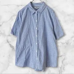爽やか ギンガムチェック 半袖シャツ 青 白【XL】大きい コットン 綿100%