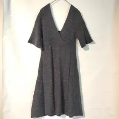 ZAMPA ニットワンピース M グレー Vネック 半袖 フレア