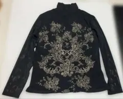 ラメ　華やか刺繍 シアー パワーネット トップス M-L ブラック 透け感 長袖