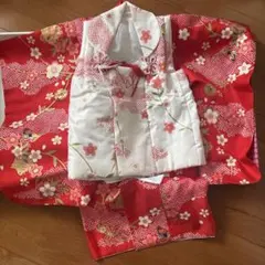 赤 花柄 被布着 セット (下駄・ソックス・巾着・花飾り・長襦袢付き) 七五三