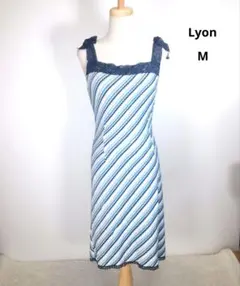 【リヨン】キャミソールワンピース 肩レース ブルー 斜めフリル 日本製5121