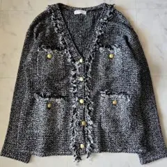美品✨リヴドロワ　ツイードニットカーディガン　黒　ブラック　金ボタン