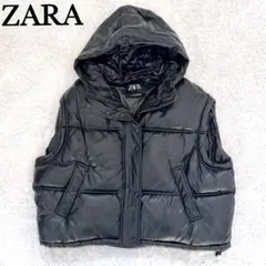 ZARA ダウンベスト フェイクレザー パフベスト フード付き ブラック 黒 L